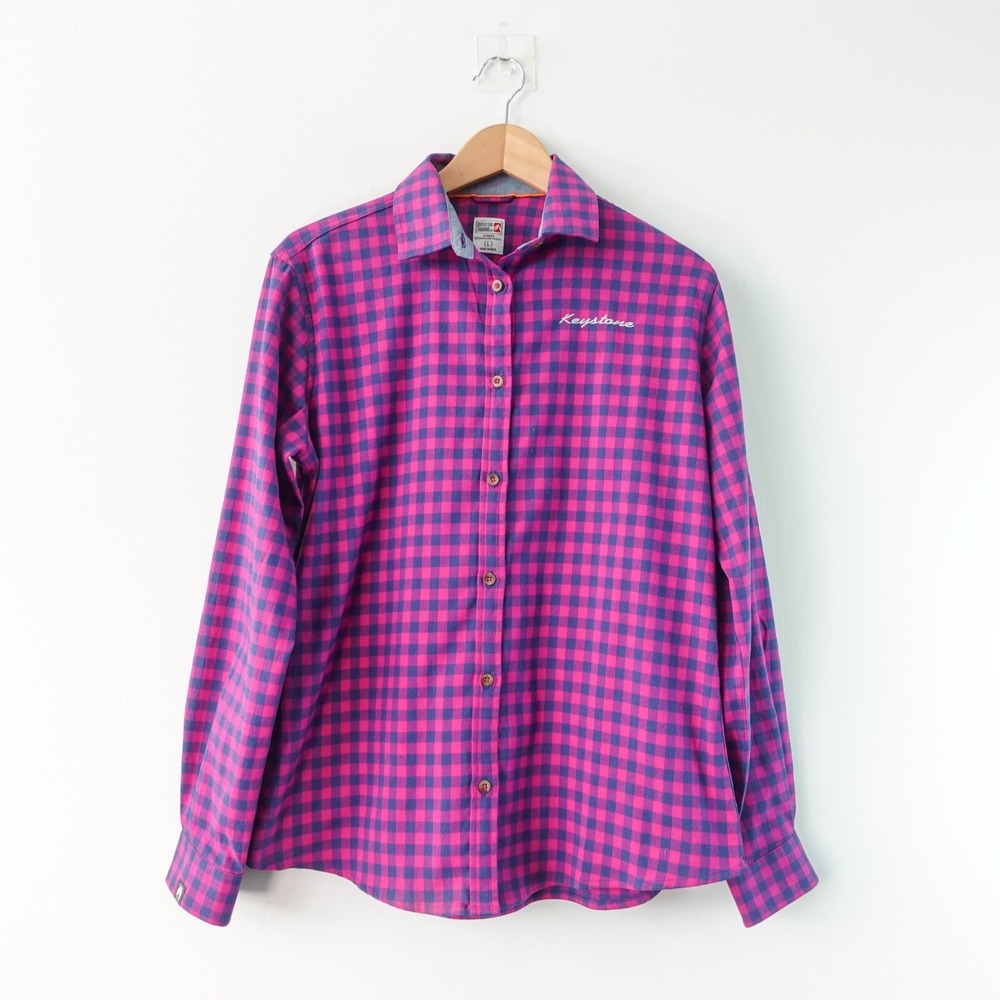 Keystone Outfitter Trading Co Womens L Purple Buffalo Plaid Flannel Shacket Top